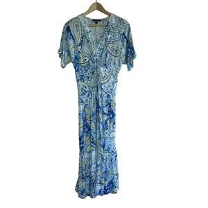 RALPH LAUREN blue white yellow spring summer paisley linen midi dress